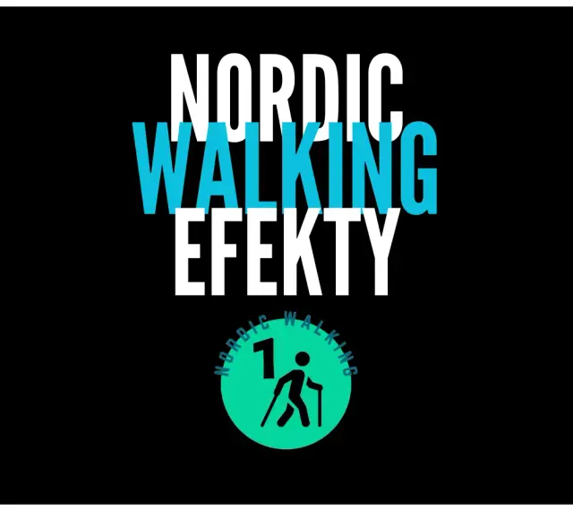 Napis "NORDIC WALKING EFEKTY" z ikoną osoby z kijkami. Odkryj korzyści z nordic walking!