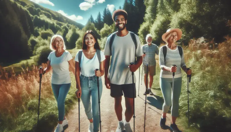 Grupa przyjaciół cieszy się spacerem z kijkami. Nordic walking to świetny sposób na spalanie kcal i poprawę kondycji na łonie natury.
